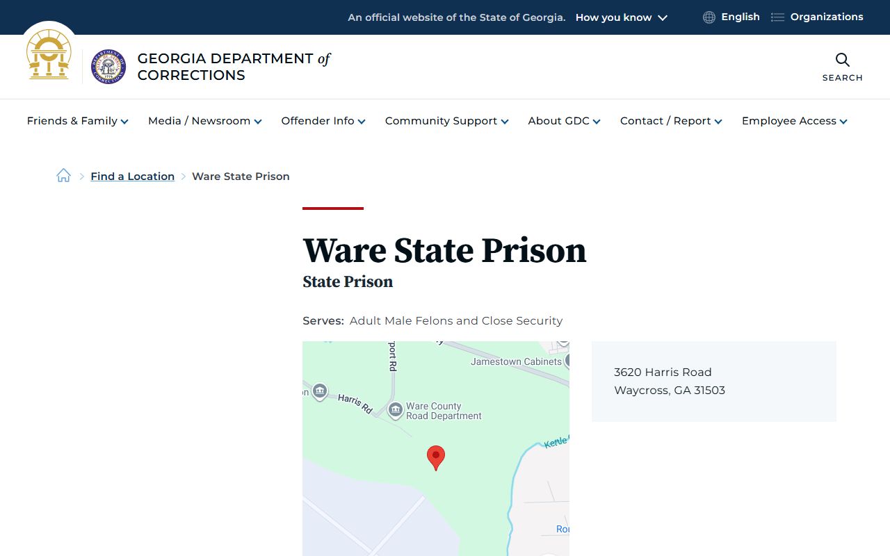Ware State Prison GDC facility page for inmate lookup context