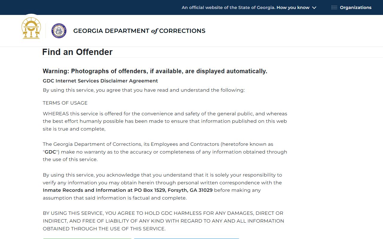 GDC offender query form for Ware State Prison inmate lookup