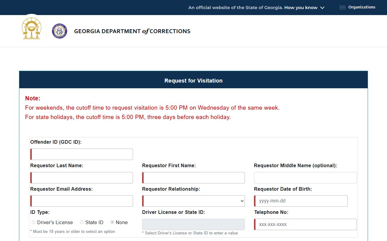 GDC visitation request portal for Ware State Prison visits
