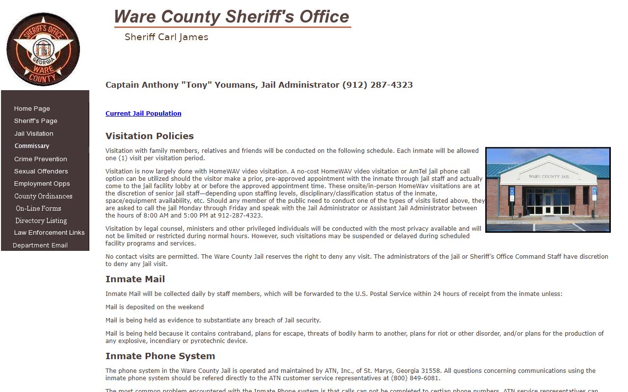Ware County jail inmate records page with roster visitation and phone rules