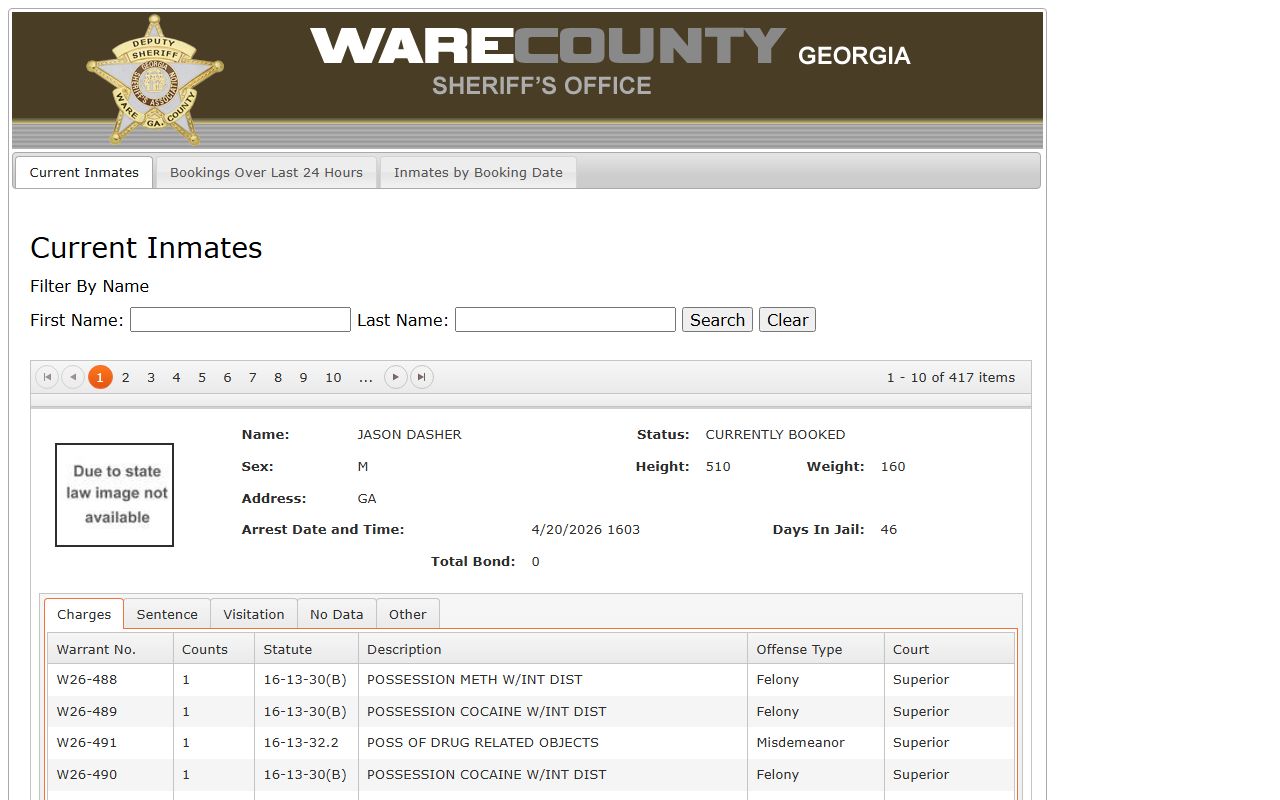 Ware County inmate population roster search fields on OffenderIndex